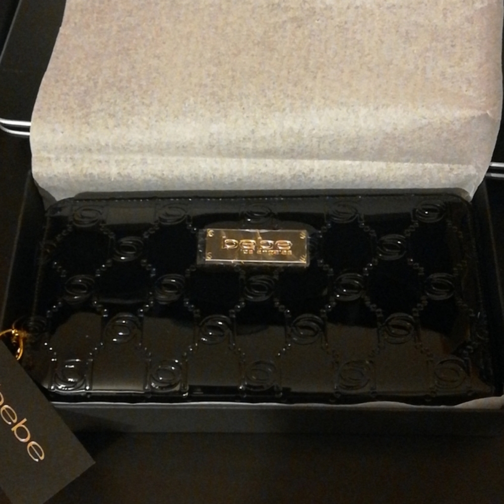BEBE Black Patent Embossed Logo Long Wallet